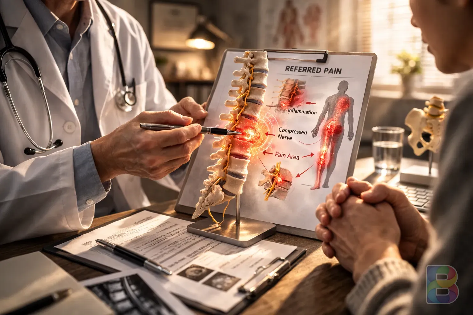 photorealistic, detail shot of a doctor pointing at a spinal diagram explaining referred pain to a patient, soft natural light, professional medical environment