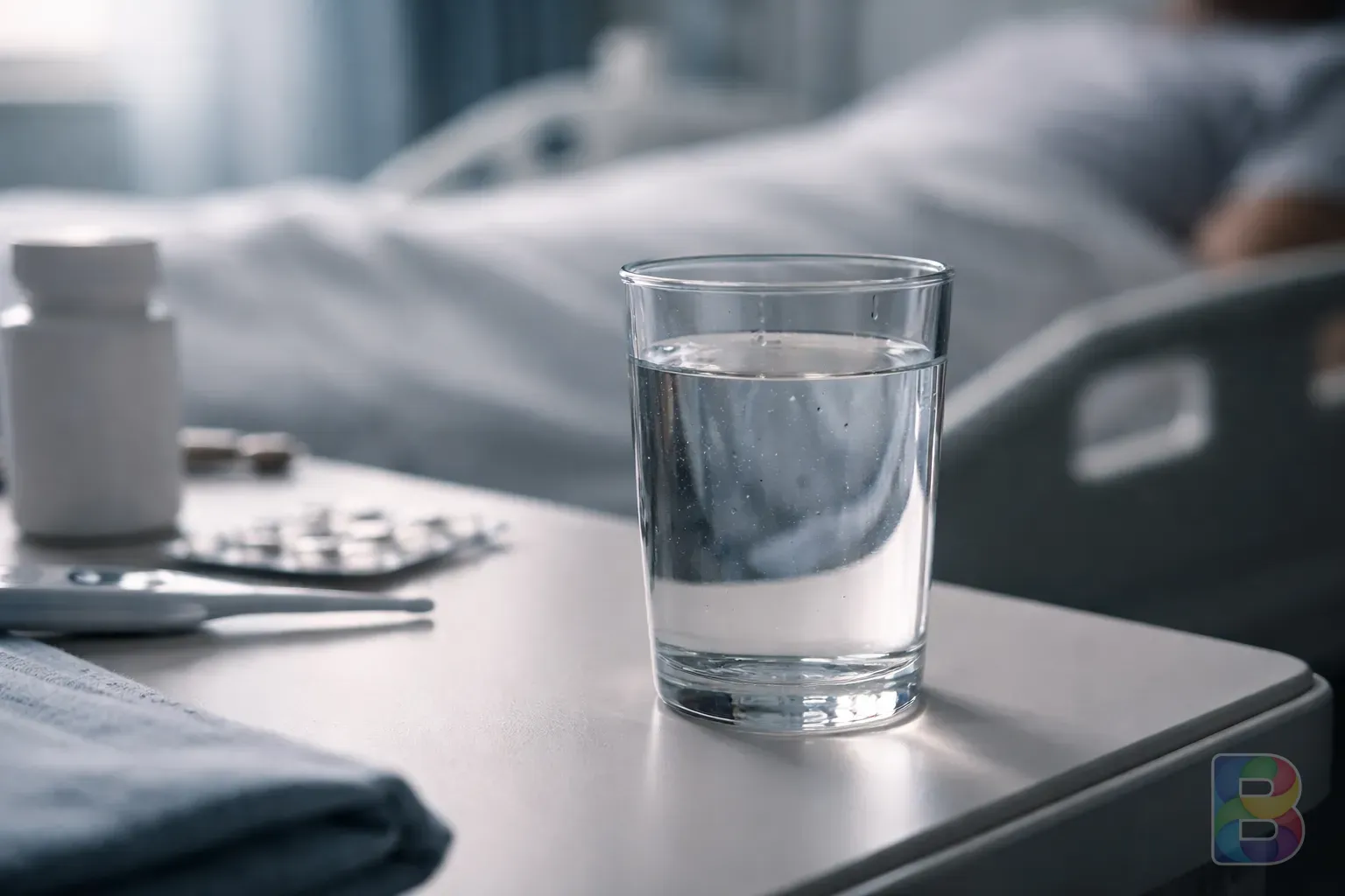 photorealistic, macro shot of a clear glass of water on a hospital bedside table, calm and sterile atmosphere, cinematic lighting