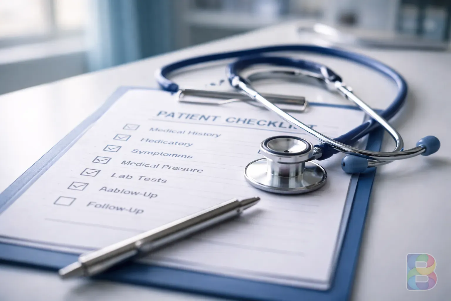 photorealistic, close-up of a medical clipboard with a checklist and a stethoscope, bright clinical setting, high resolution