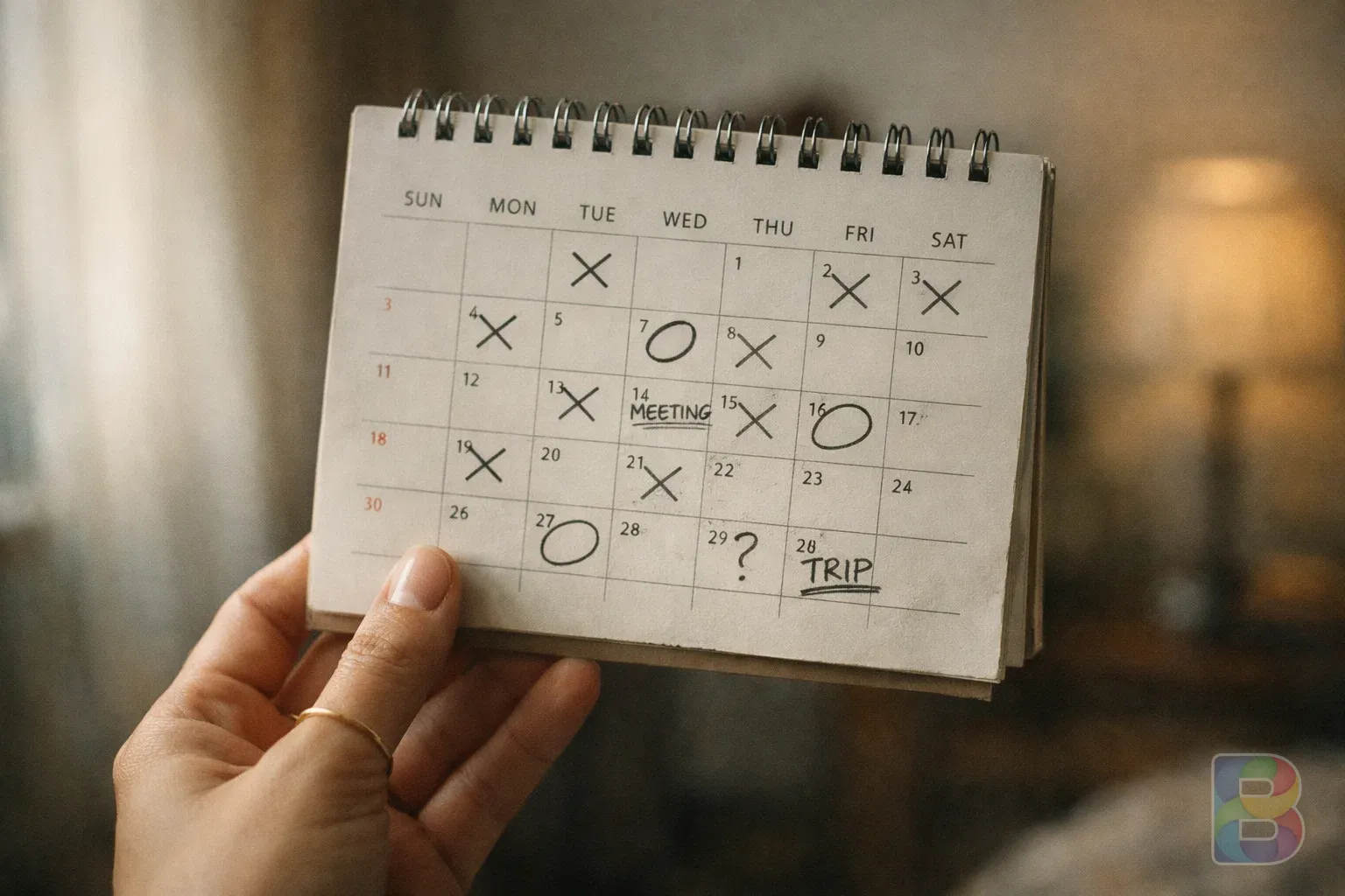 photorealistic, detail shot of a woman's hand holding a calendar with irregular marks, soft natural indoor lighting, cinematic calm mood