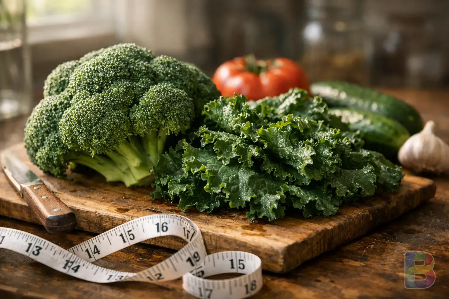 photorealistic, close-up of fresh organic vegetables like broccoli and kale on a wooden cutting board with a tape measure nearby, bright natural kitchen lighting