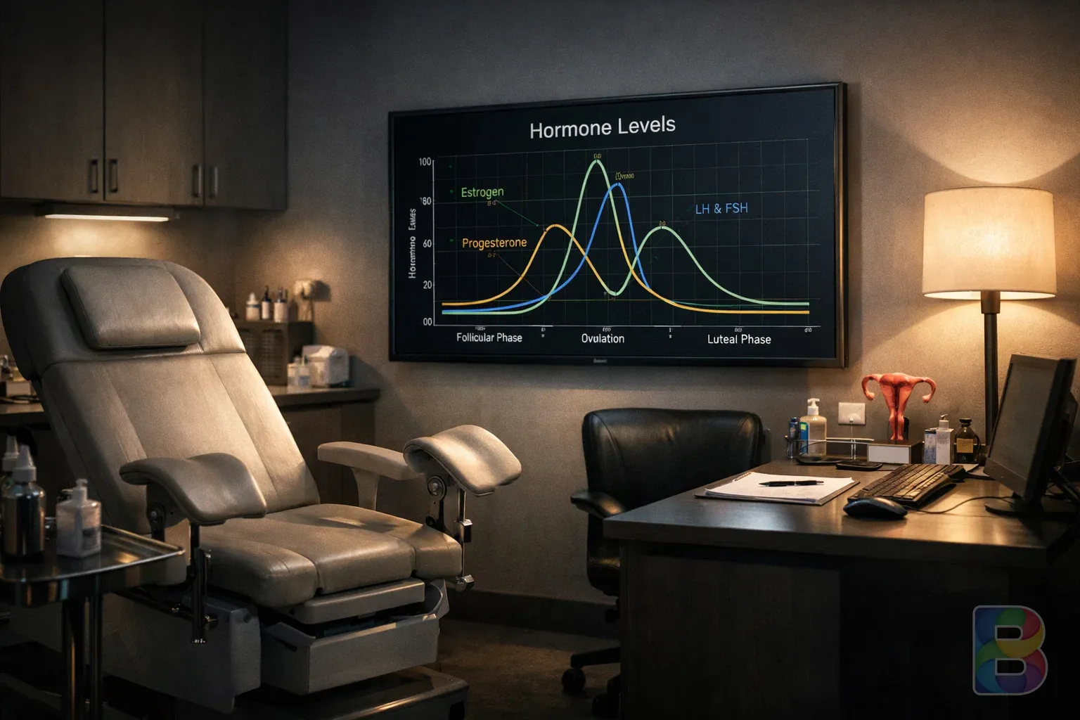 photorealistic, a modern gynecologist's consultation room with a screen showing a graph of hormone levels, reassuring and professional atmosphere