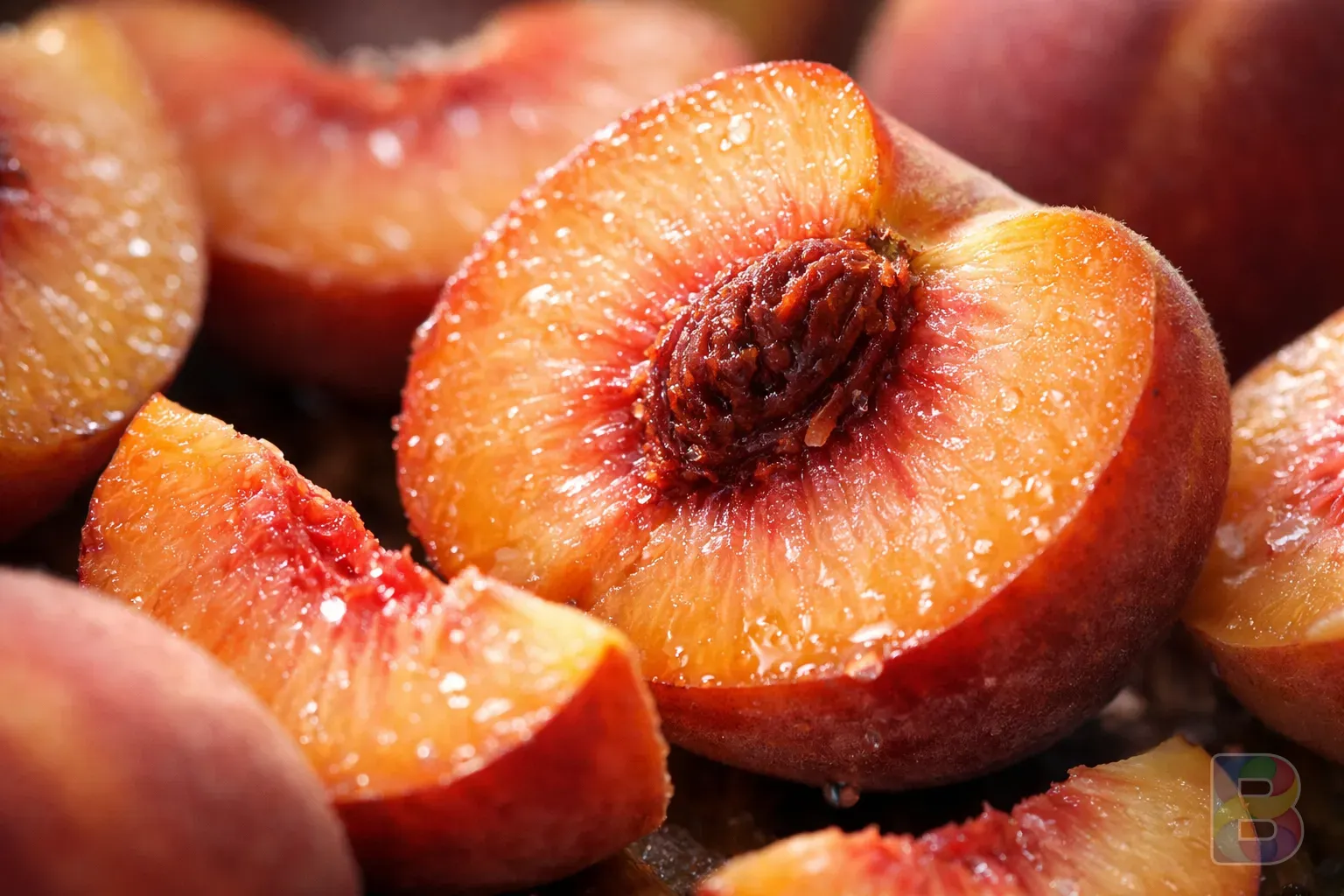 photorealistic, close-up of sliced peaches showing the juicy texture and vibrant orange-pink flesh, high detail, macro photography, bright natural light