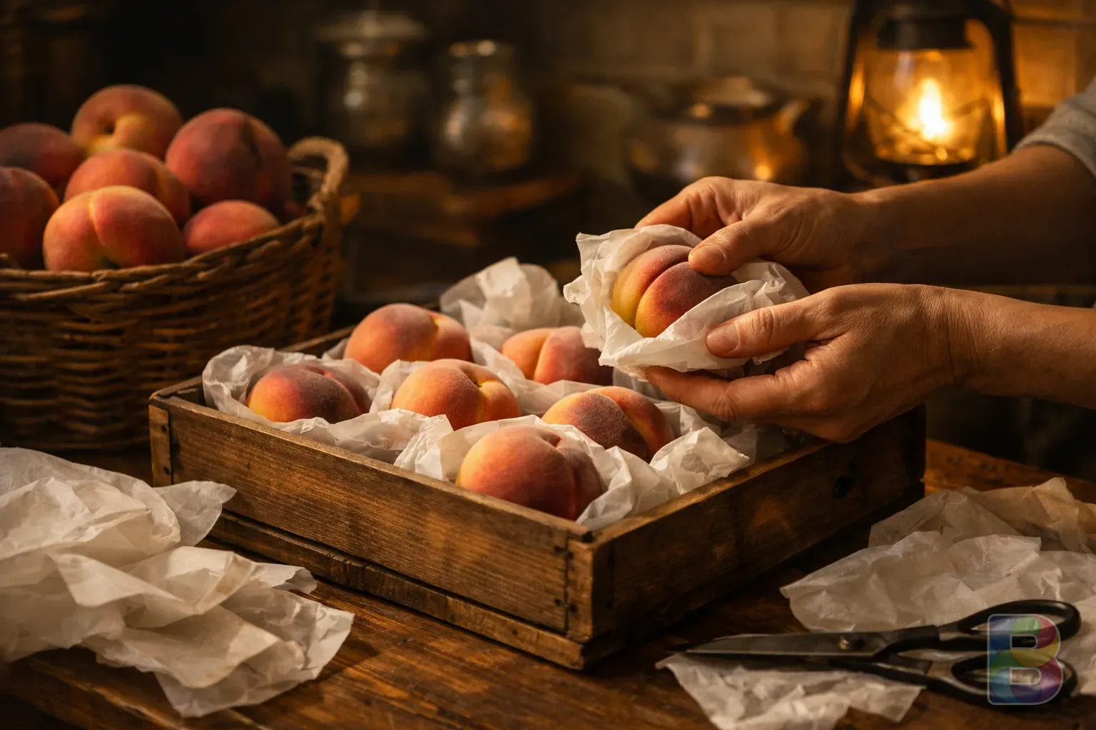 photorealistic, peaches being carefully wrapped in soft paper and placed in a wooden crate, warm kitchen environment, cinematic lighting