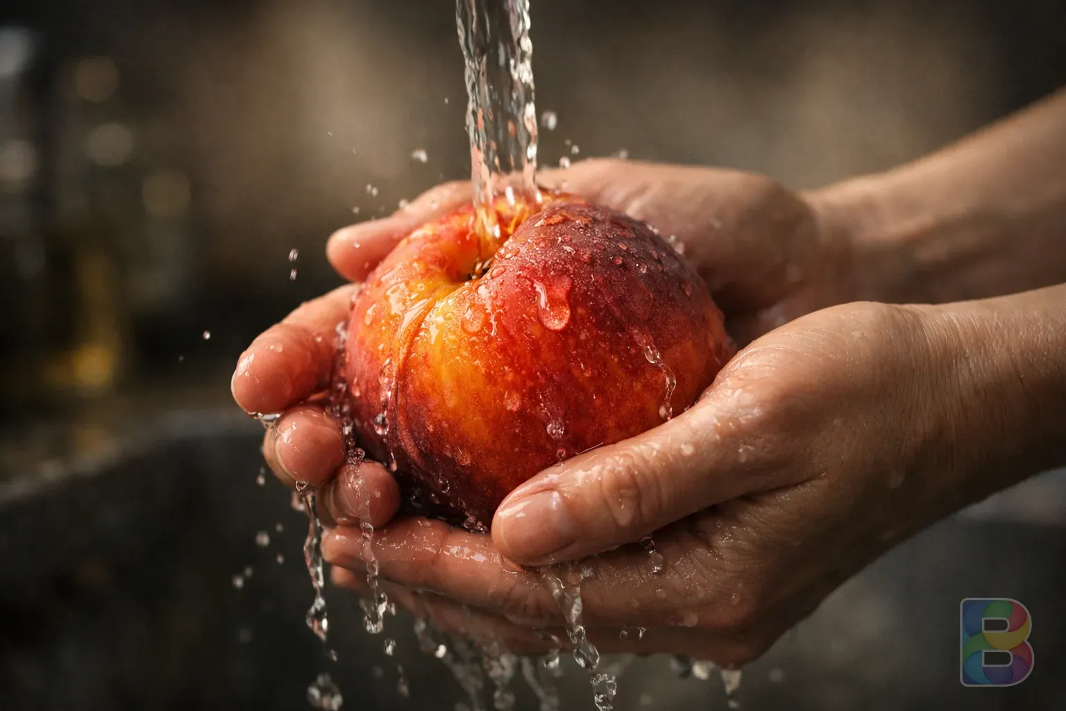 photorealistic, close-up of a hand carefully washing a peach under a stream of water, focused on the peach skin texture, soft indoor lighting
