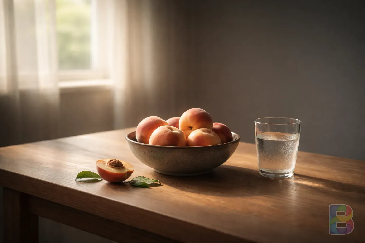 photorealistic, a minimalist wooden table with a bowl of peaches and a glass of water, bright airy summer atmosphere, cinematic lighting