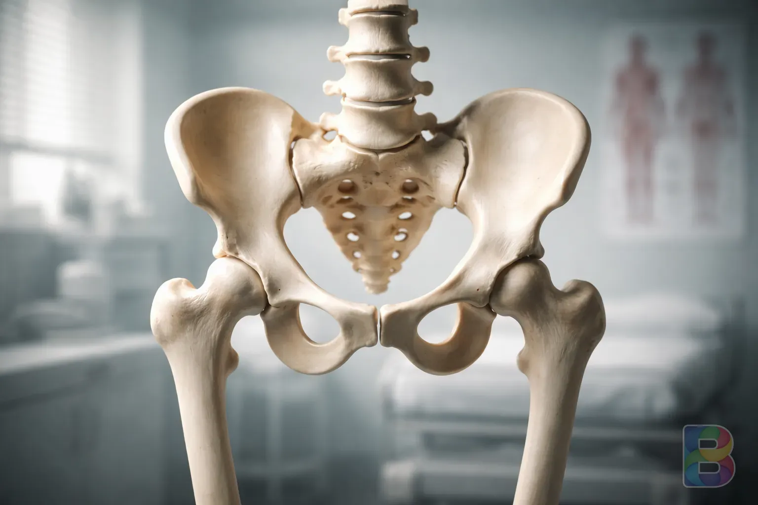 photorealistic, anatomical 3D render of a human pelvis showing structural balance, soft glowing highlights, clean medical background, cinematic lighting