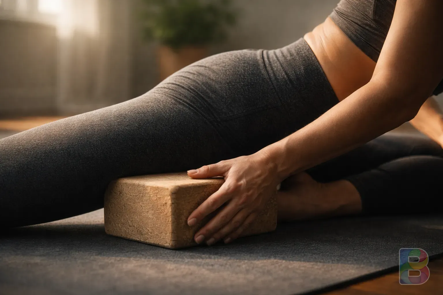 photorealistic, close-up of hands adjusting a yoga block under a hip, focus on the texture of the block and leggings, soft morning light, calm focus