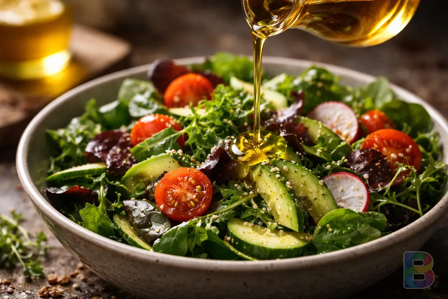 photorealistic, close-up of golden perilla oil being drizzled onto a fresh salad, vibrant colors, soft focus background, professional food photography style