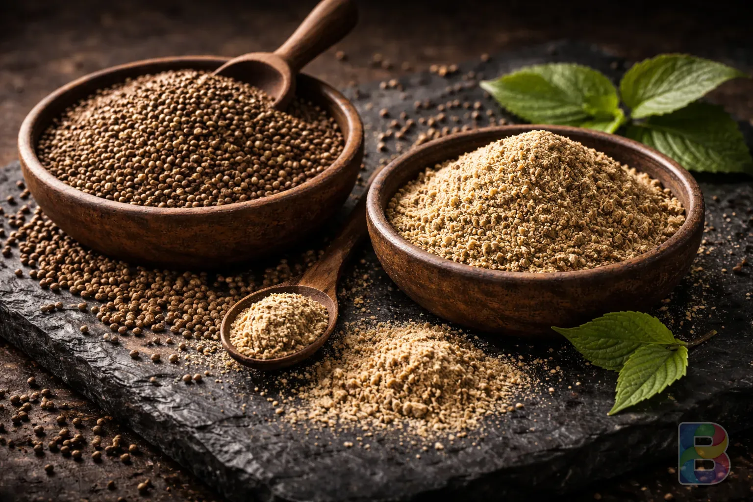 photorealistic, artistic composition of whole perilla seeds and ground powder on a slate board, dramatic lighting, high contrast, detailed textures