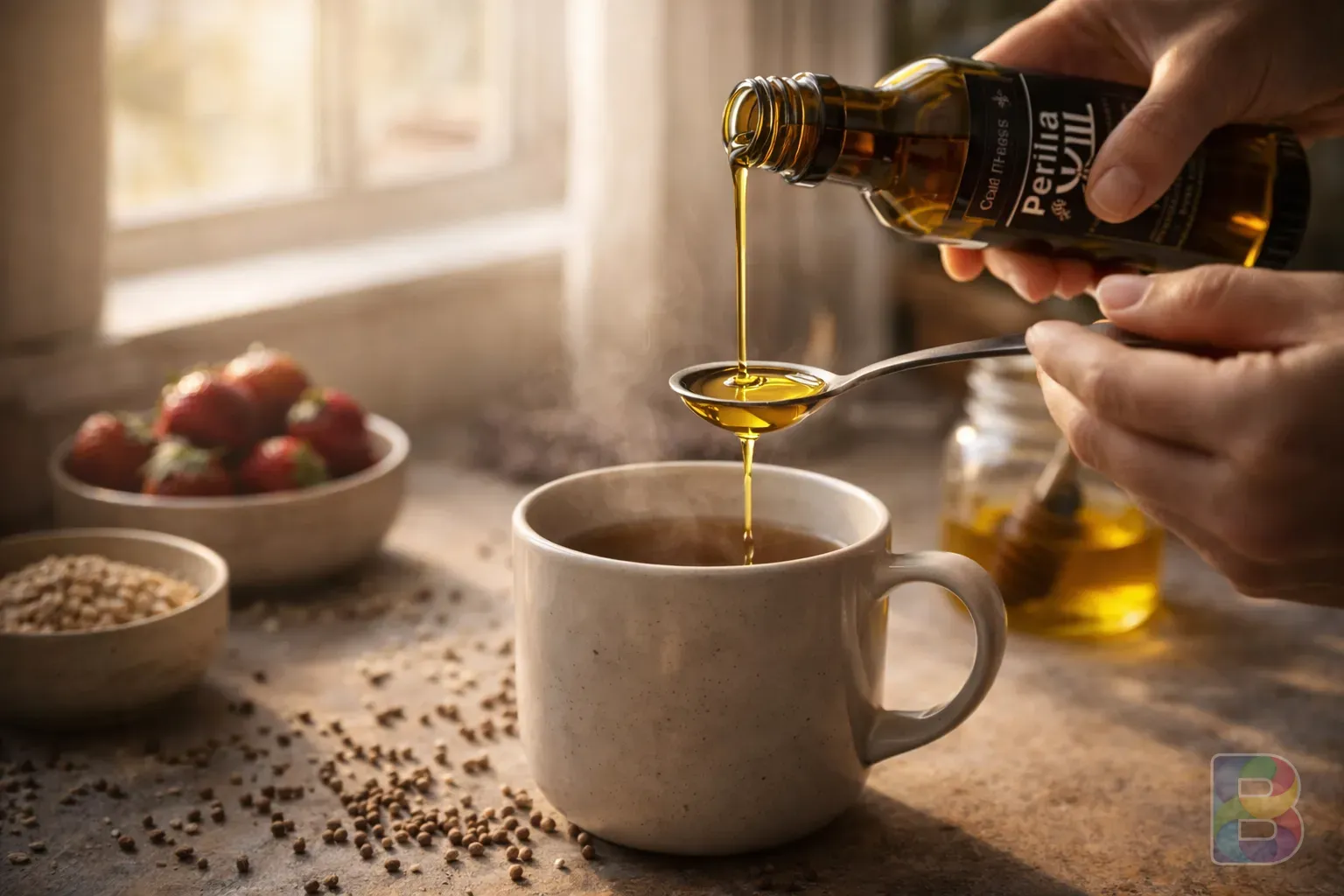 photorealistic, a person adding a spoonful of perilla oil to a morning routine setting, sunlight streaming through a window, calm and healthy lifestyle vibe