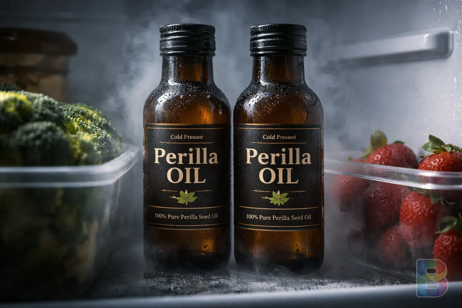 photorealistic, dark amber glass bottles of perilla oil stored in a refrigerator, cold mist, focus on the label, safe food storage concept