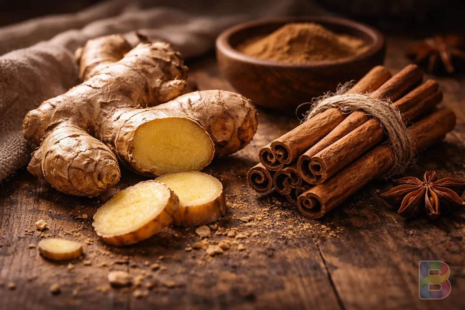 photorealistic, macro shot of fresh ginger root and cinnamon sticks on a rustic wooden table, earthy tones, cinematic lighting, high detail
