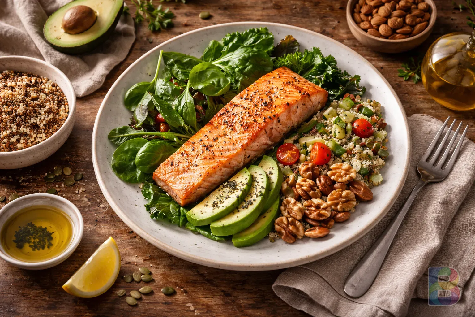 photorealistic, top-down shot of a healthy meal including salmon, leafy greens, and nuts on a ceramic plate, natural light, clean and aesthetic food photography