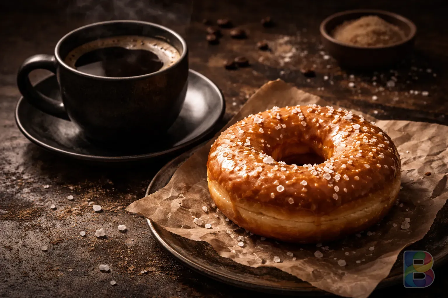 photorealistic, close-up of a cup of dark coffee and a salty donut, moody contrast lighting, warning vibe