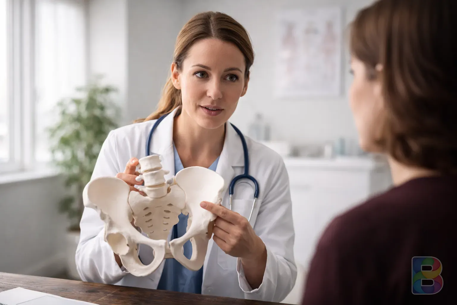 photorealistic, focused doctor holding a pelvic model explaining to a patient in a bright consultation room, clinical lighting, professional and reassuring