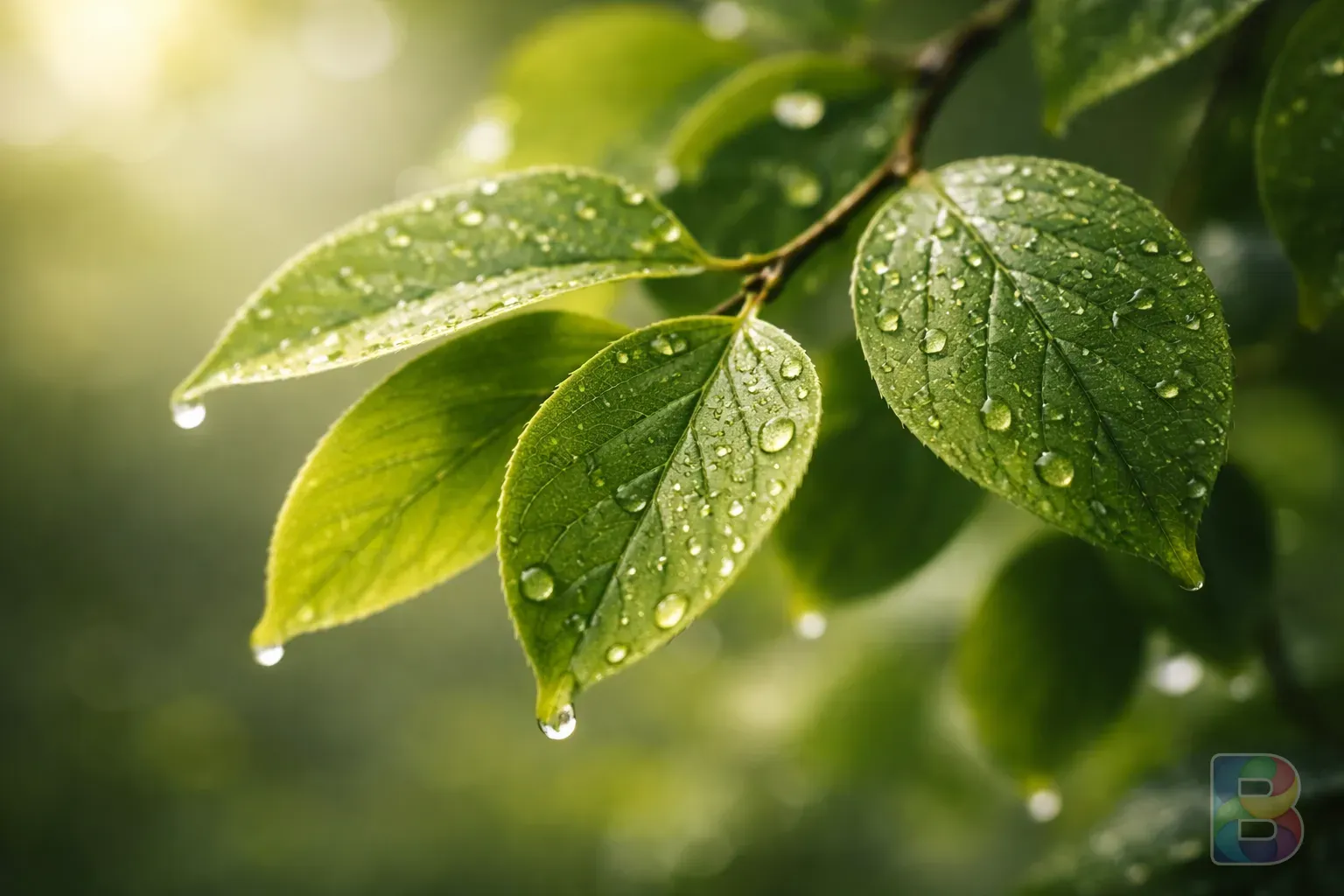 photorealistic, detail shot of vibrant green persimmon leaves on a branch with water droplets, natural soft light, macro photography, cinematic mood