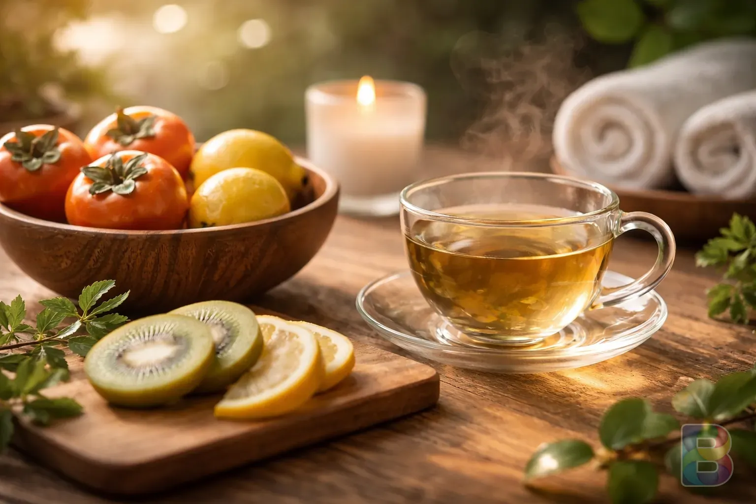 photorealistic, a serene wellness setting with a cup of tea and fresh fruits, soft bokeh background, warm and clean aesthetic, cinematic lighting