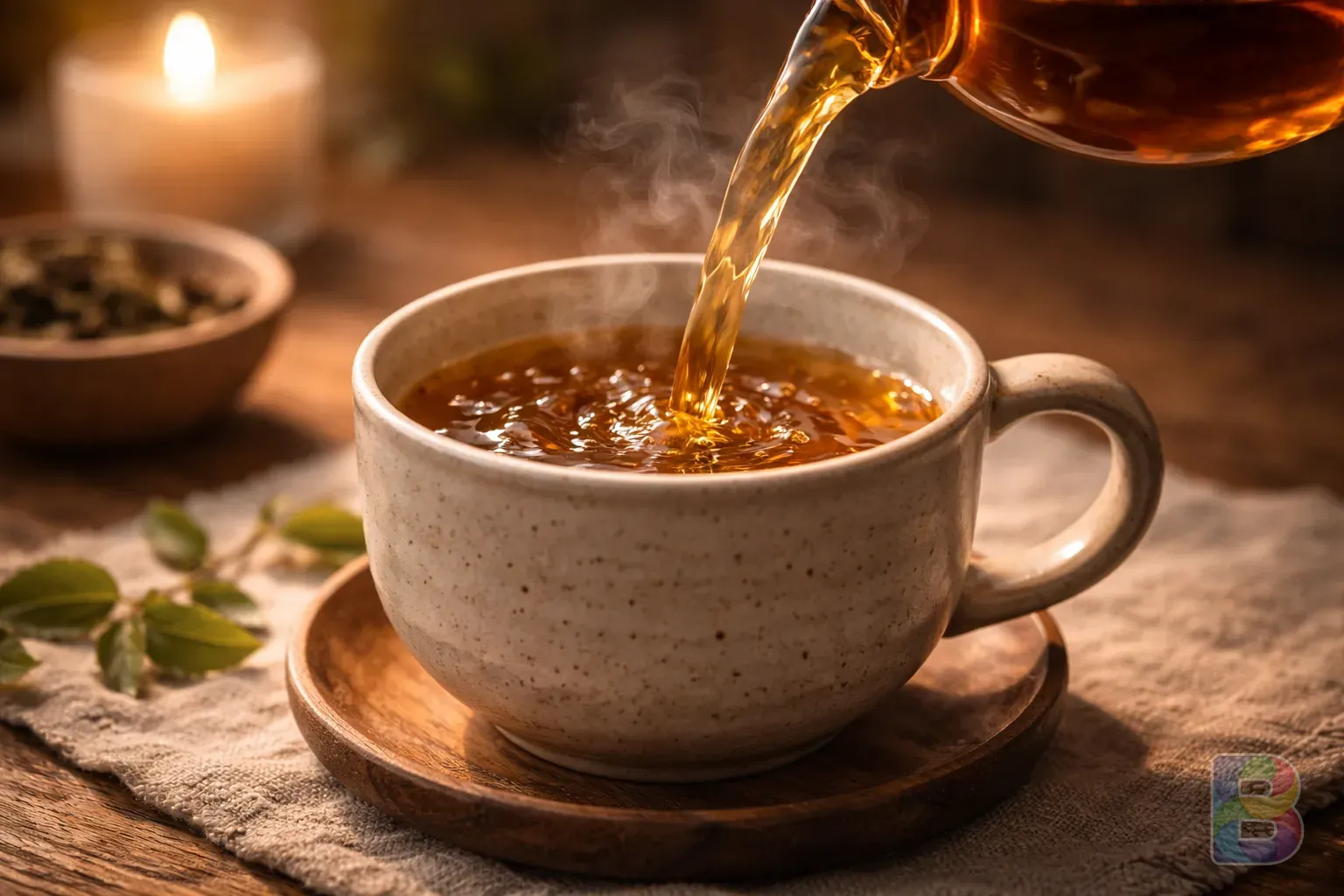 photorealistic, close-up of tea being poured into a ceramic cup, focus on the golden amber liquid, steam rising, cozy indoor atmosphere, cinematic lighting