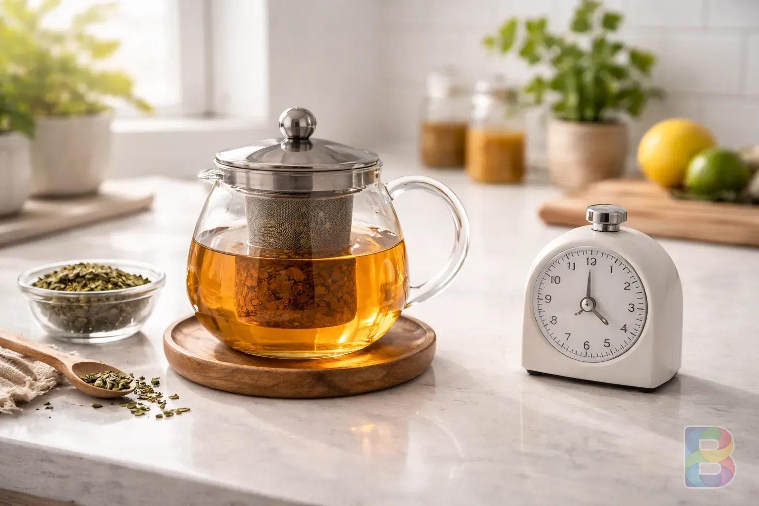 photorealistic, a clean kitchen counter with a tea infuser and a timer, minimalist aesthetic, bright and airy, high detail