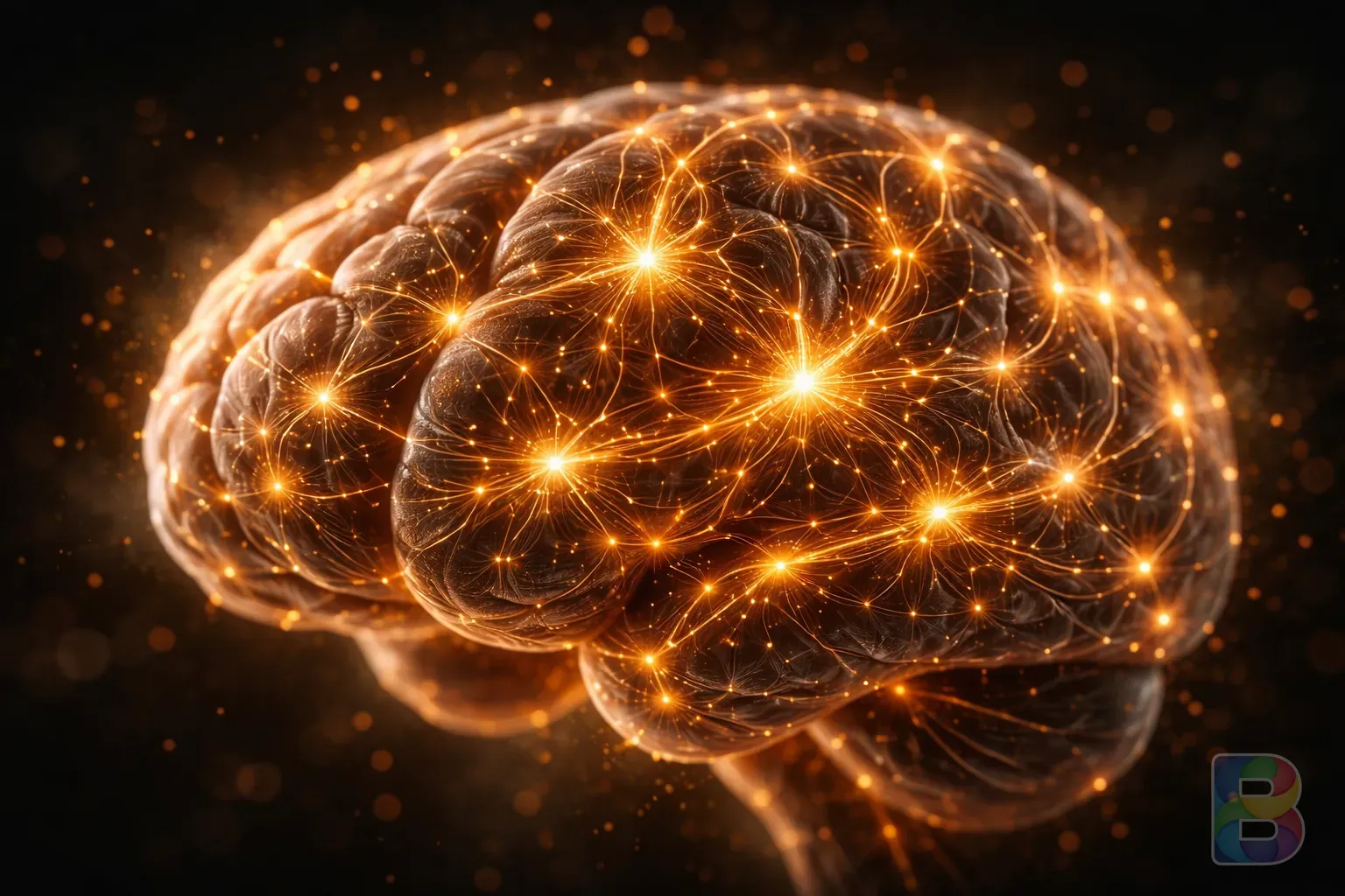 photorealistic, macro shot of a stylized human brain glowing with golden neural networks, dark background, cinematic lighting, high tech and biological fusion