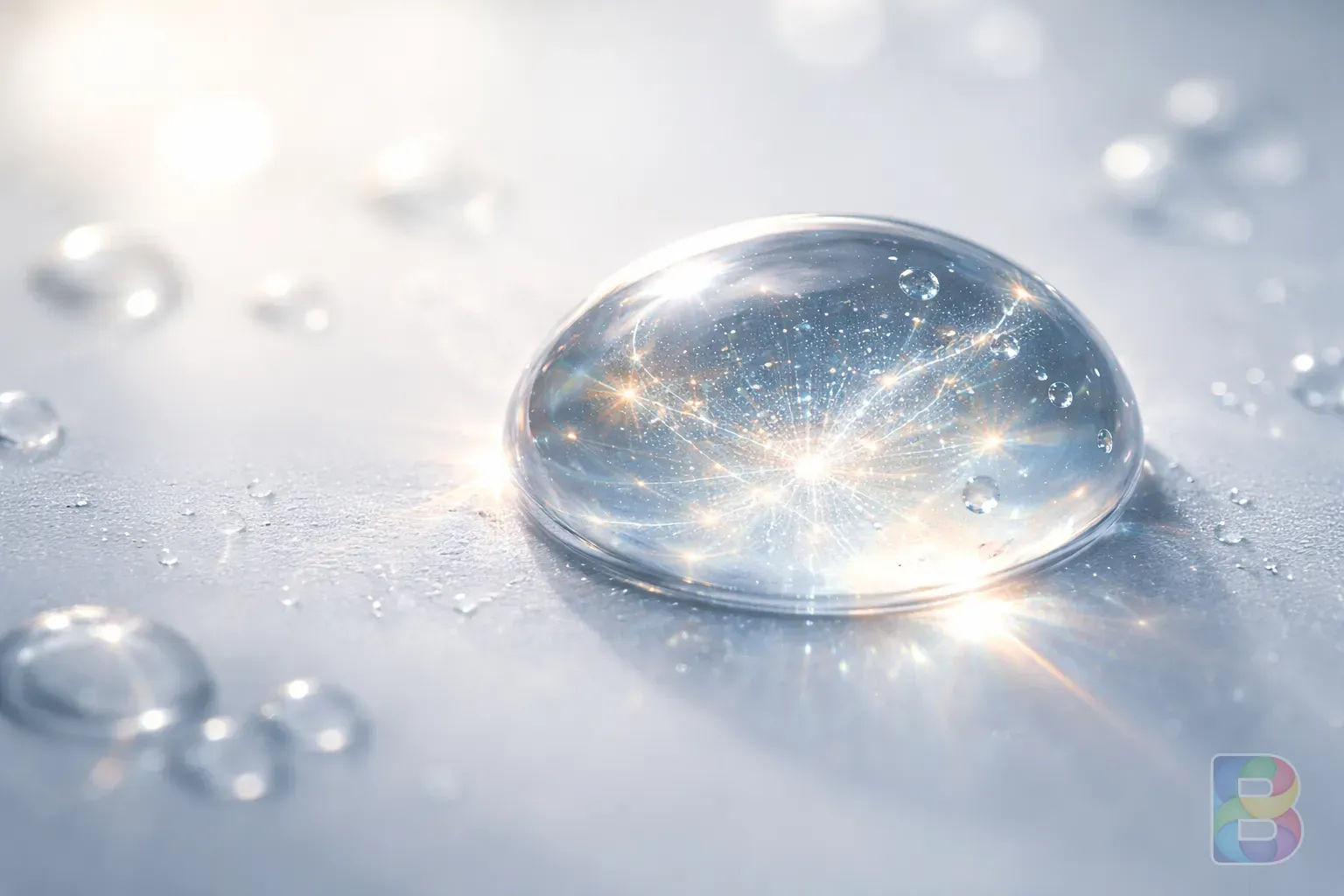 photorealistic, micro-shot of a transparent liquid droplet shimmering with light, representing cellular regeneration and vitality, clean clinical background, high detail