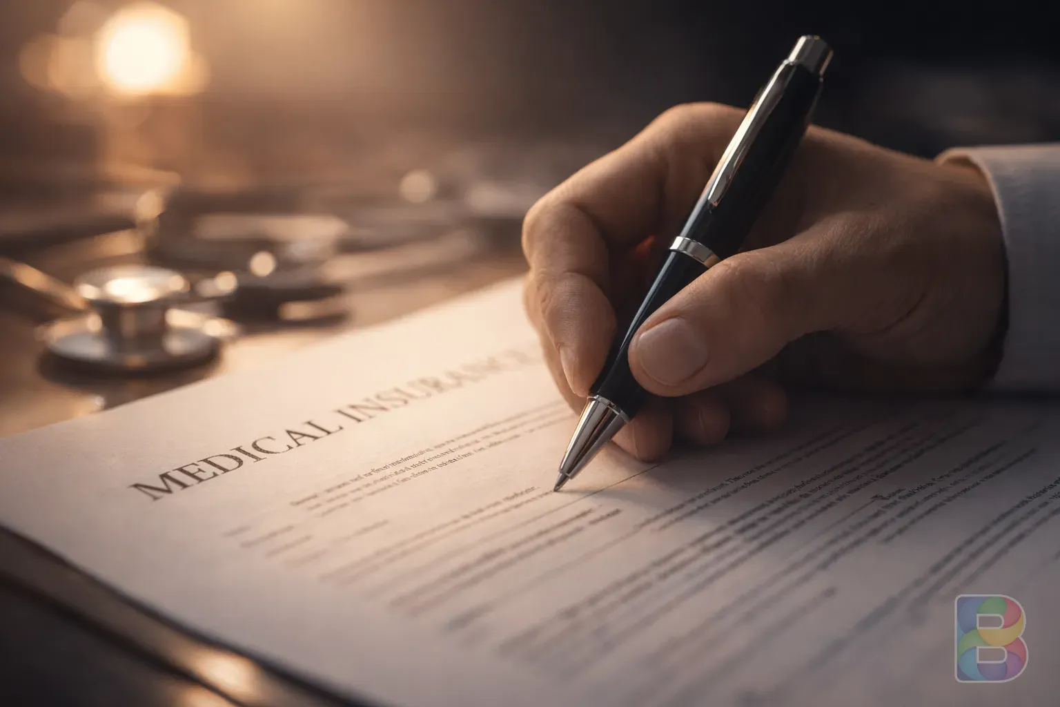 photorealistic, close-up of a person's hand holding a pen over a medical insurance document, warm lighting, thoughtful mood