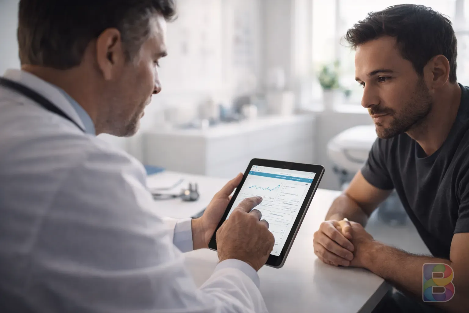 photorealistic, a doctor looking at a digital tablet with medical charts, a patient listening intently in a bright consultation room, professional and reassuring lighting