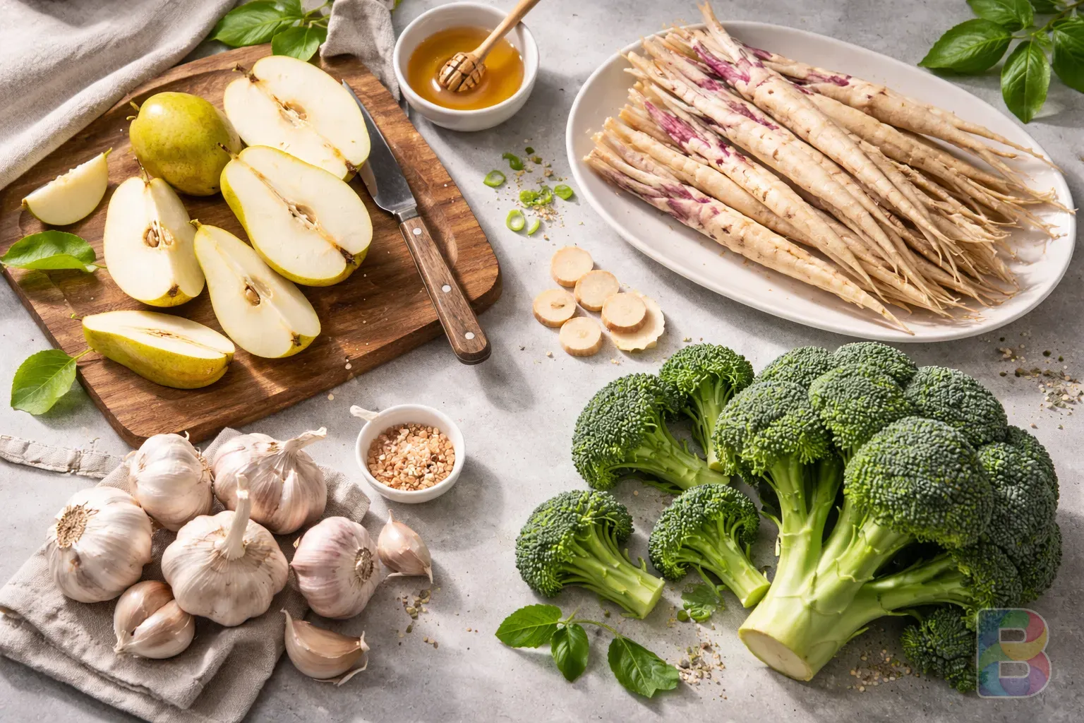 photorealistic, flat lay of fresh sliced pears, doraji roots, garlic bulbs, and broccoli on a clean kitchen counter, bright natural light, professional food photography