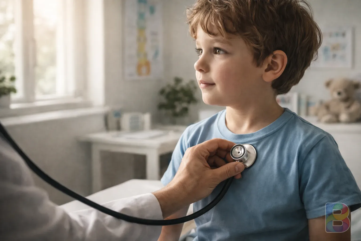 photorealistic, a doctor's hand checking a child's breathing with a stethoscope, bright and clean pediatric clinic, cinematic lighting, reassuring atmosphere