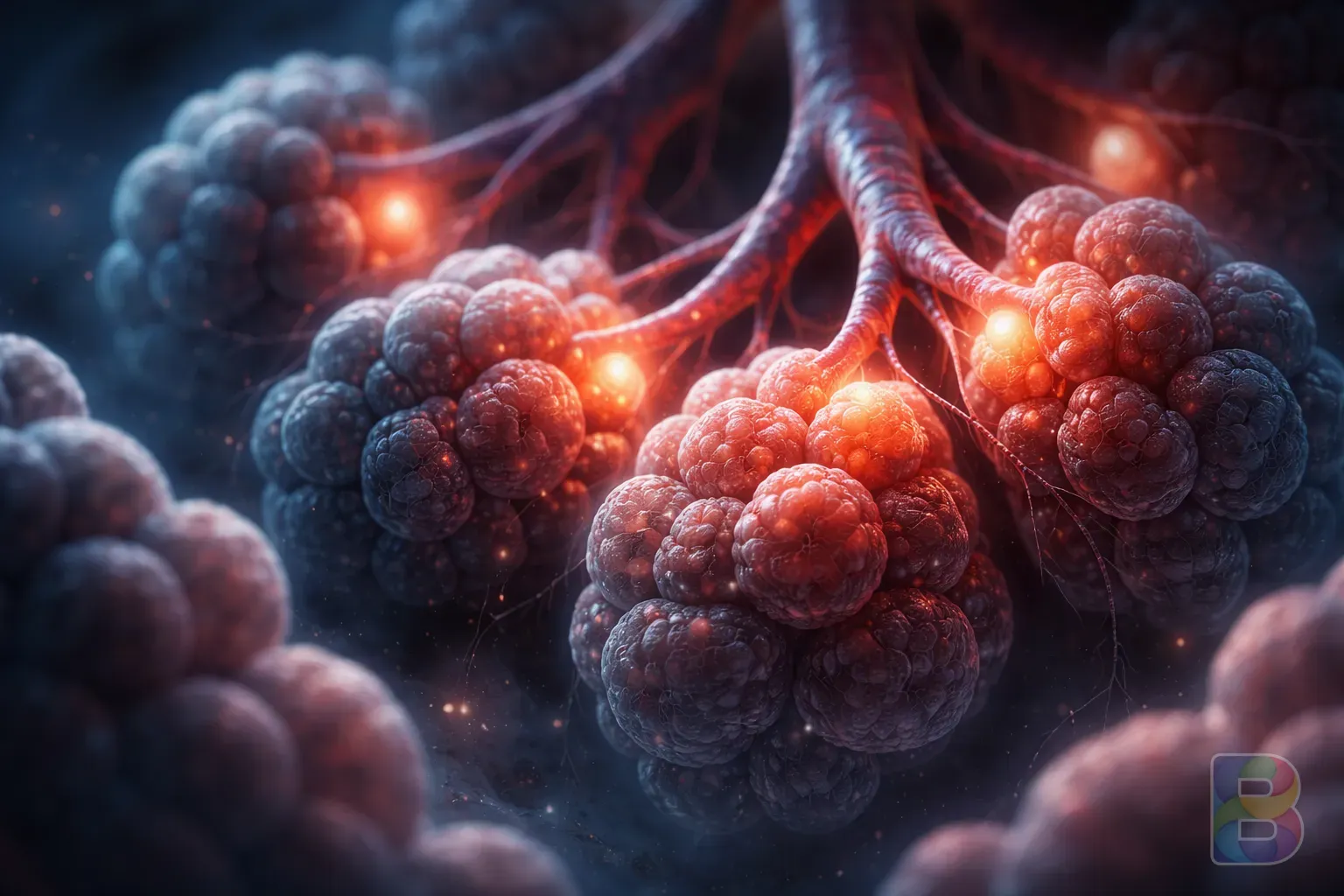 photorealistic, micro-shot of lung alveoli with slight inflammation, artistic medical illustration, soft glowing red and blue tones, cinematic lighting