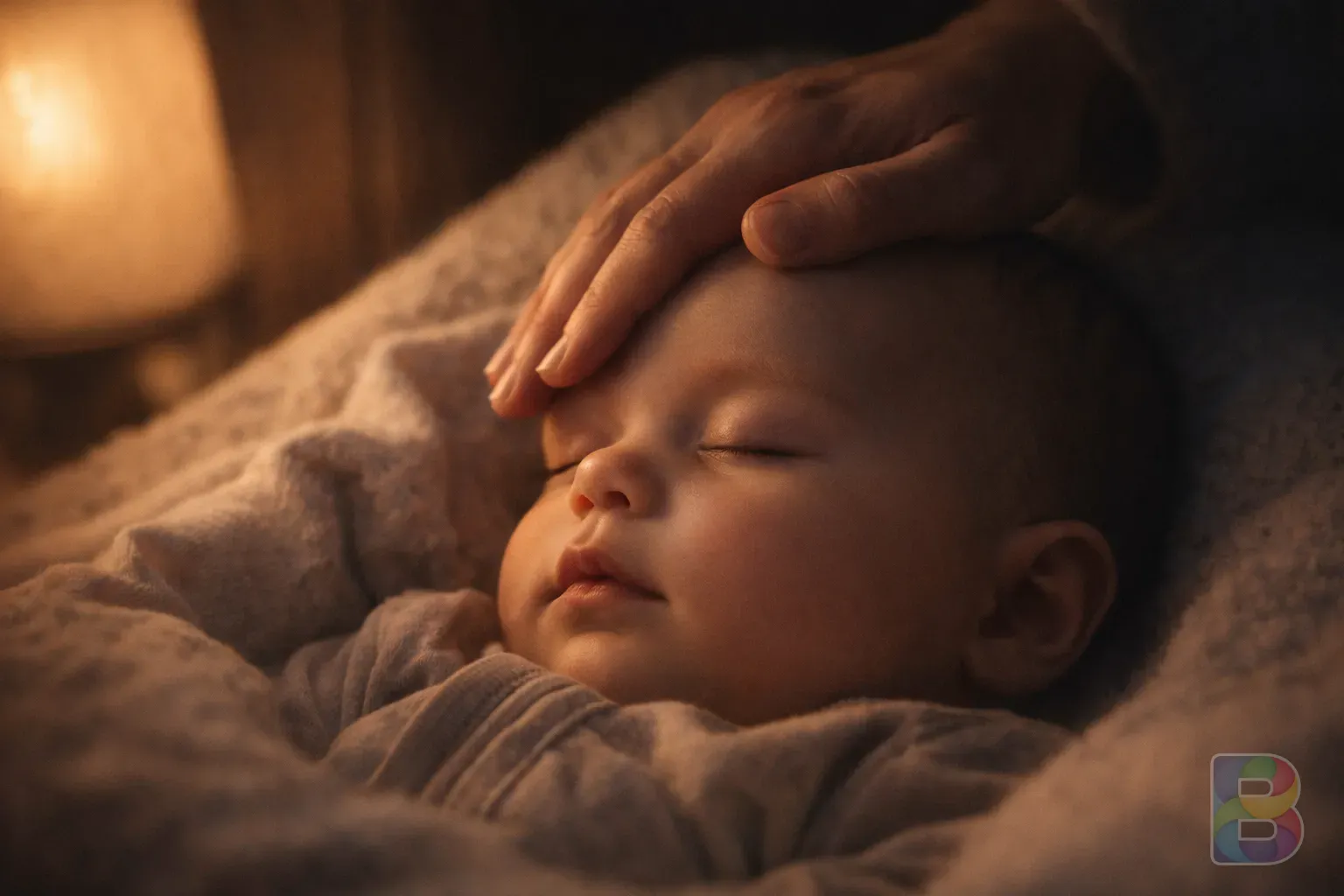 photorealistic, detail shot of a parent checking a sleeping baby's forehead, soft warm lamp light, emotional and caring atmosphere, cinematic lighting