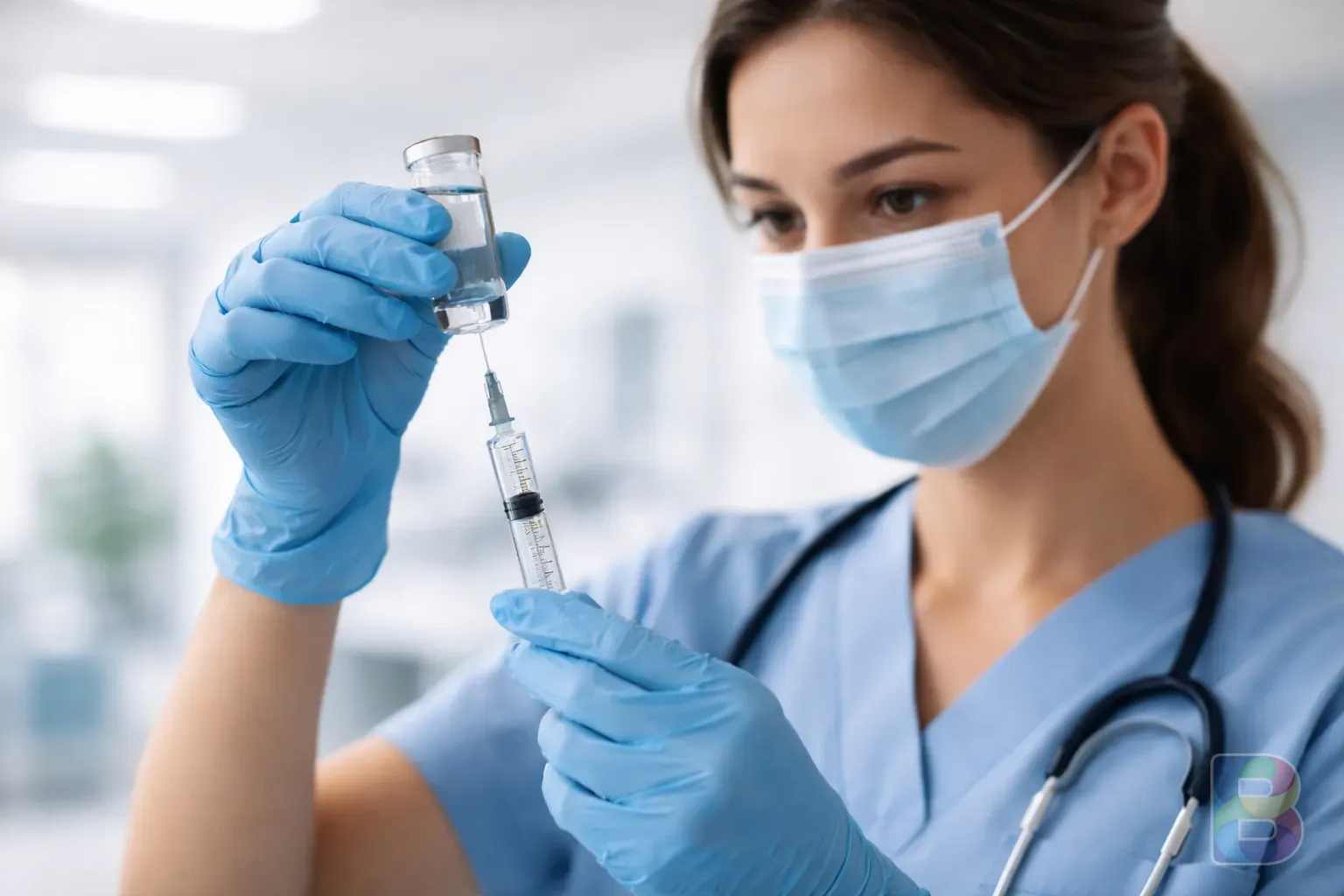 photorealistic, a nurse preparing a syringe for a vaccine, blurred medical background, clean clinical environment, bright soft lighting