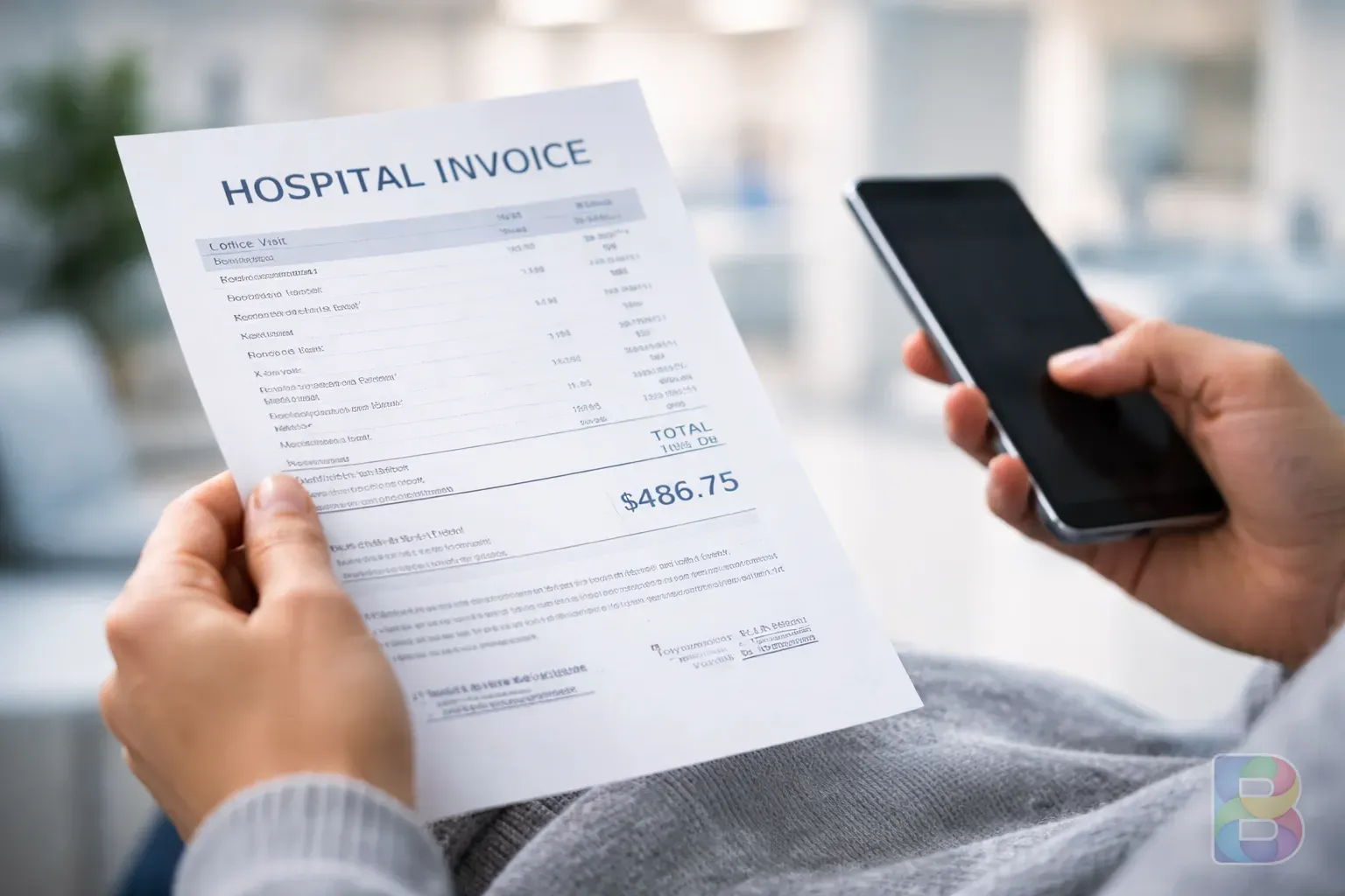 photorealistic, a patient's hand holding a hospital receipt and a smartphone, focused on the paper, blurred clinic background, professional lighting