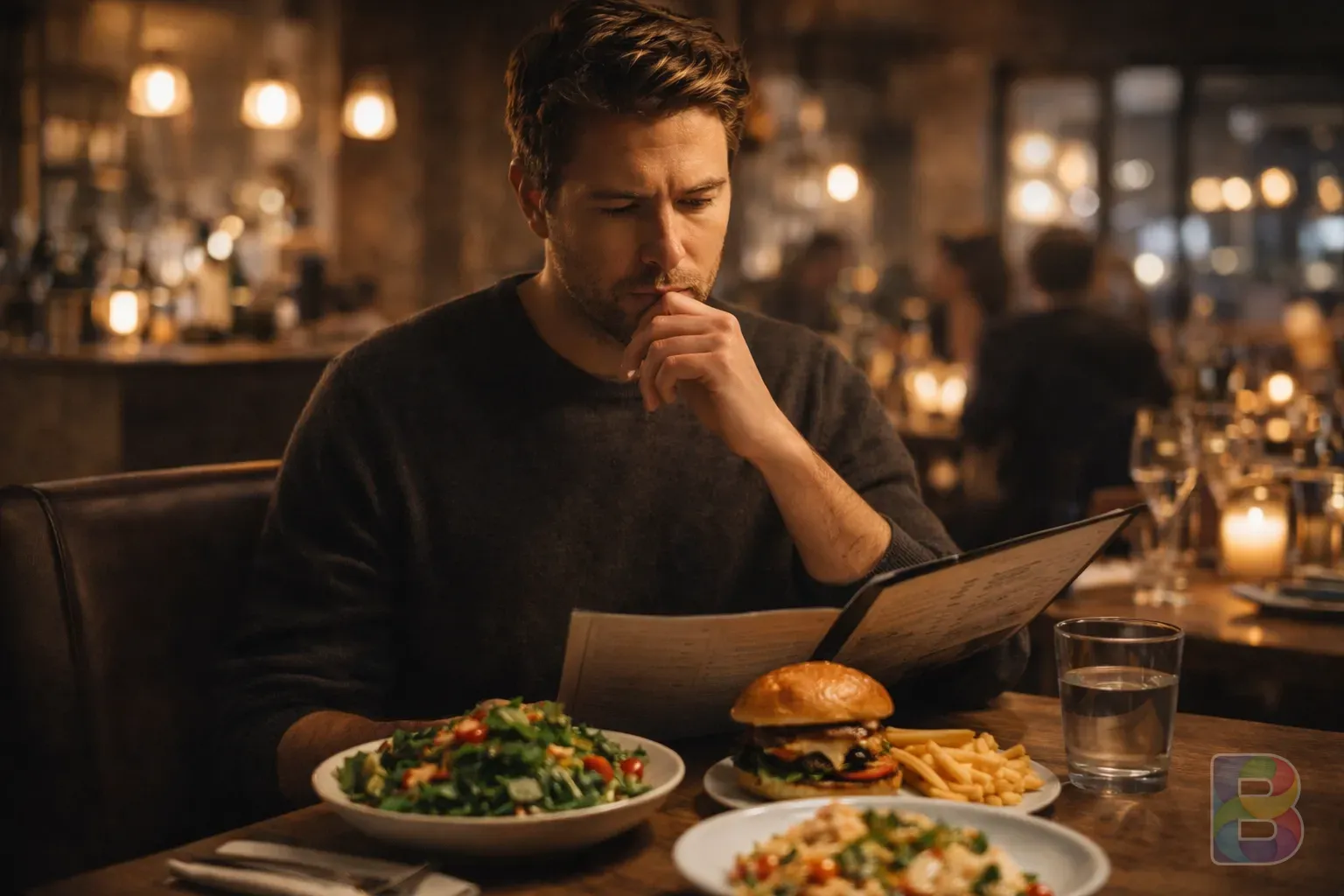 photorealistic, a person contemplating meal choices in a restaurant, thoughtful expression, warm interior lighting, cinematic style