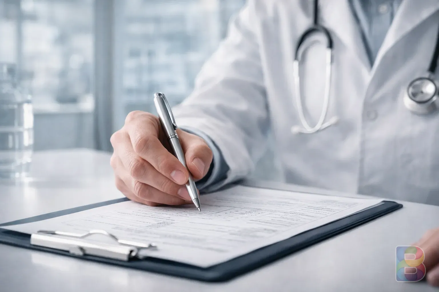 photorealistic, close-up of a doctor's hand holding a pen over a medical chart, modern clinic setting, bright and reassuring atmosphere