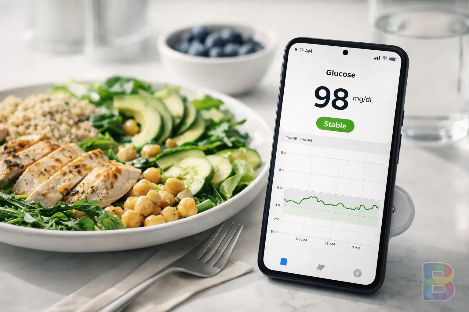 photorealistic, detail shot of a glucose monitor showing a stable graph on a smartphone screen next to a healthy meal, clean clinical atmosphere, high detail