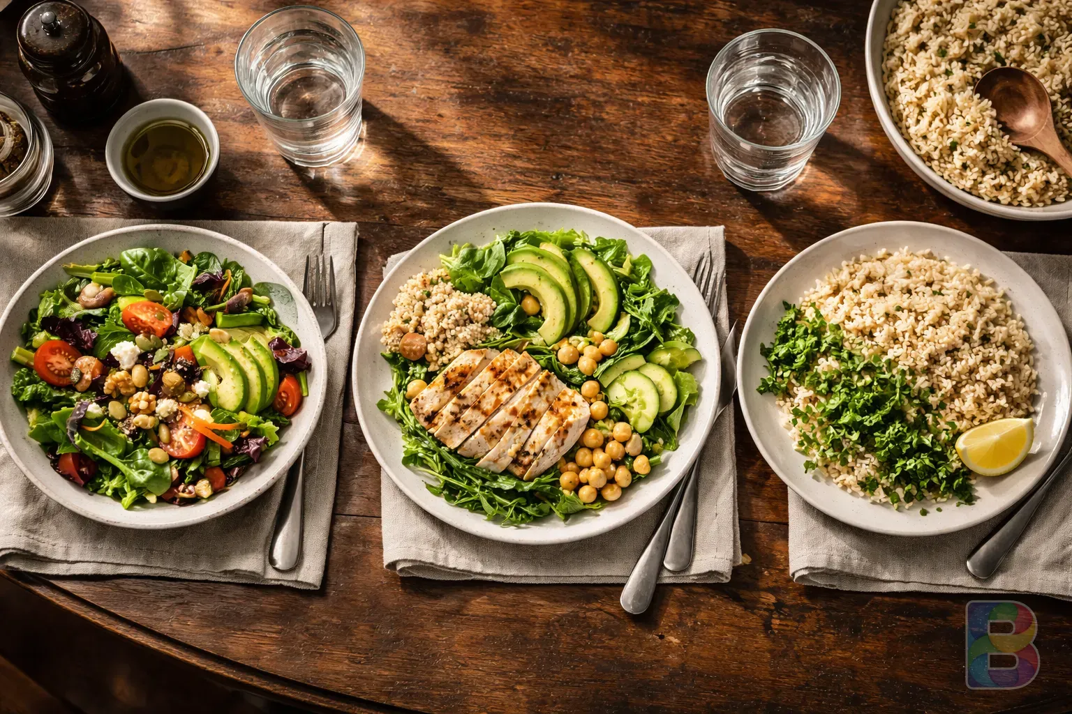 photorealistic, high angle shot of a dining table showing the sequence of eating: first salad, then grilled chicken, finally brown rice, soft natural lighting, elegant presentation