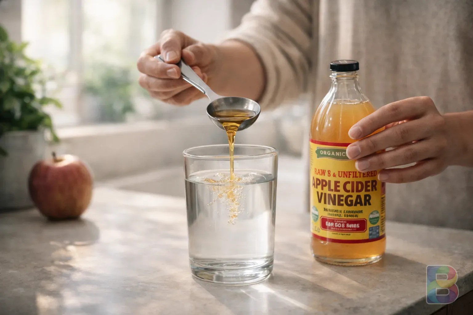 photorealistic, close-up of a person pouring a tablespoon of apple cider vinegar into a glass of water, bright kitchen background, cinematic lighting