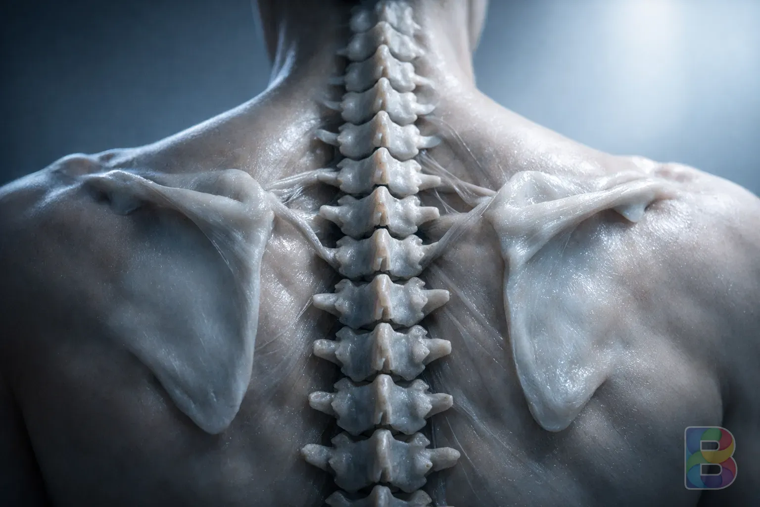 photorealistic, anatomical close-up of human spine and shoulder blades showing tension, soft blue and white clinical lighting, 8k resolution