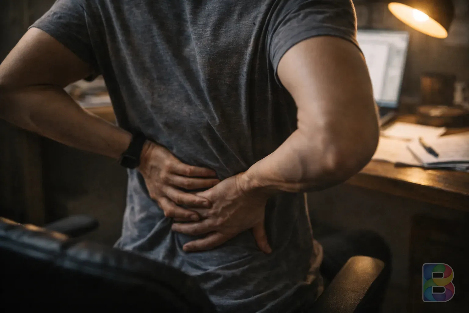photorealistic, close-up of a person's hands adjusting their posture while working, natural office setting, shallow depth of field, warm tones