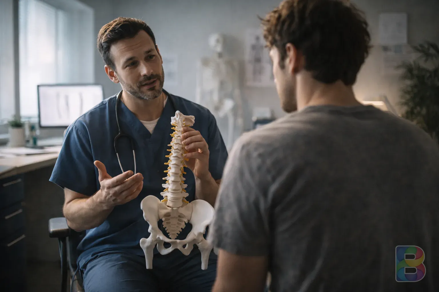 photorealistic, professional physical therapist consulting a patient about back pain, modern clinic interior, reassuring and expert atmosphere