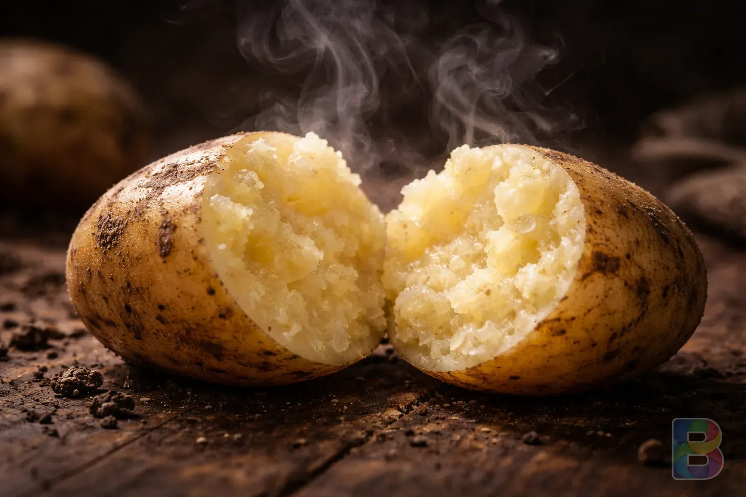 photorealistic, close-up of a halved potato showing its starchy texture, steam rising softly, dark moody background, professional food photography