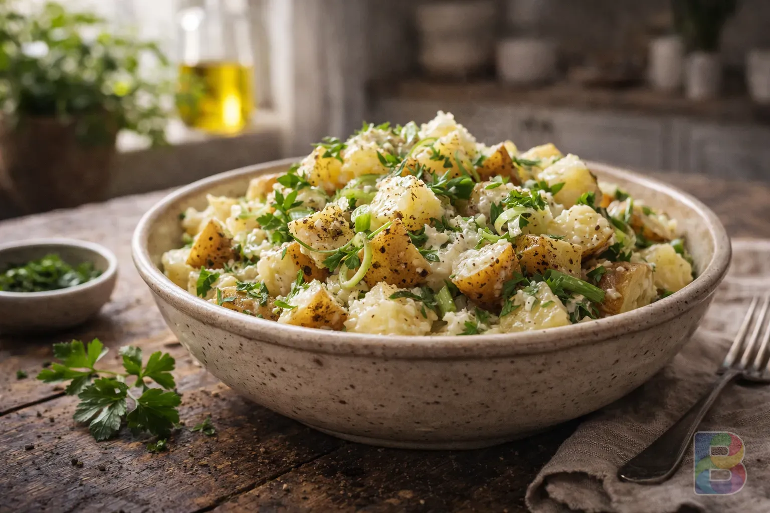photorealistic, lifestyle shot of a healthy potato salad with skins included, fresh herbs, bright kitchen environment, cinematic lighting