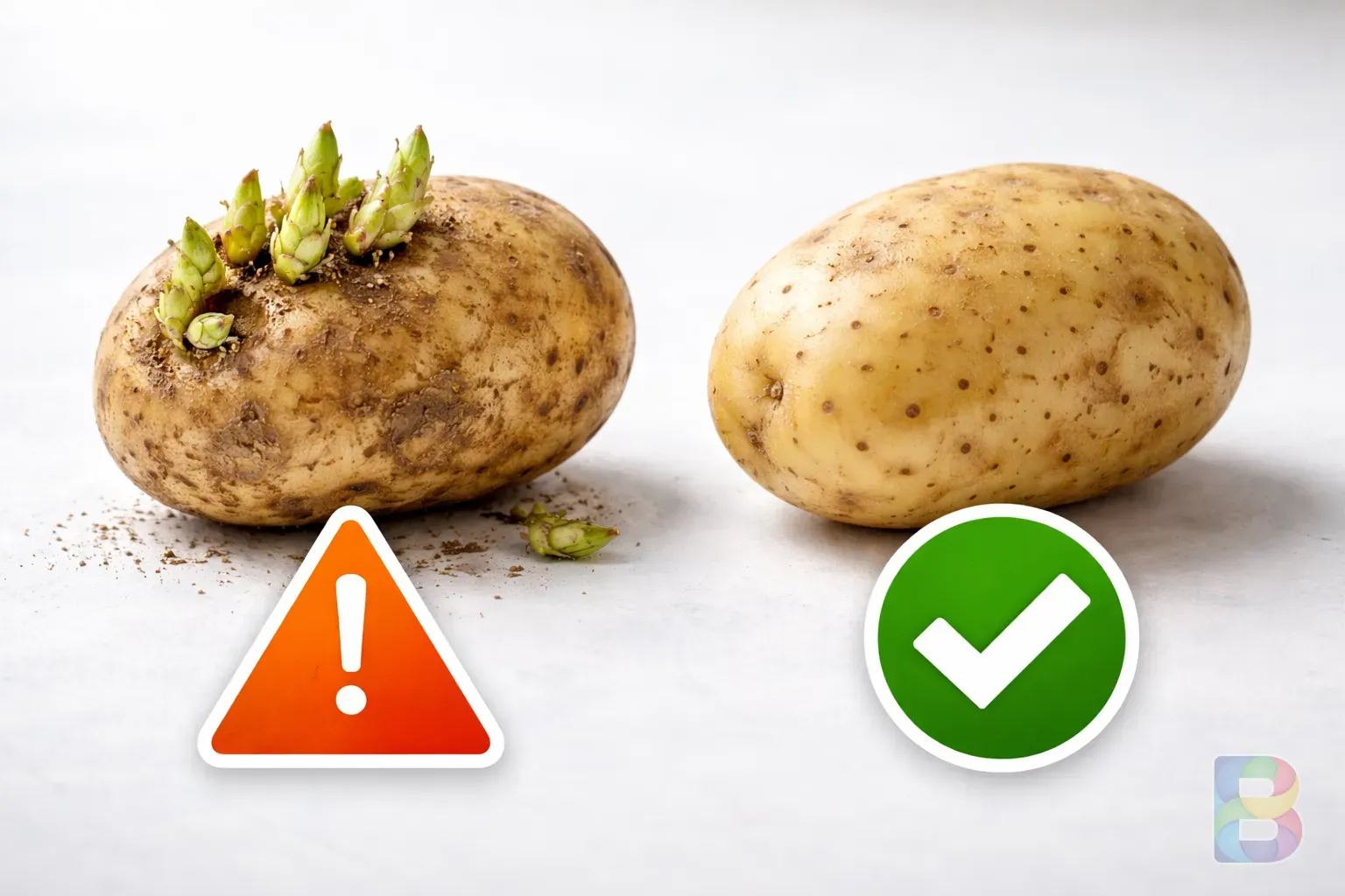 photorealistic, comparison of a green sprouted potato and a clean fresh potato, clinical lighting on a white surface, warning signs