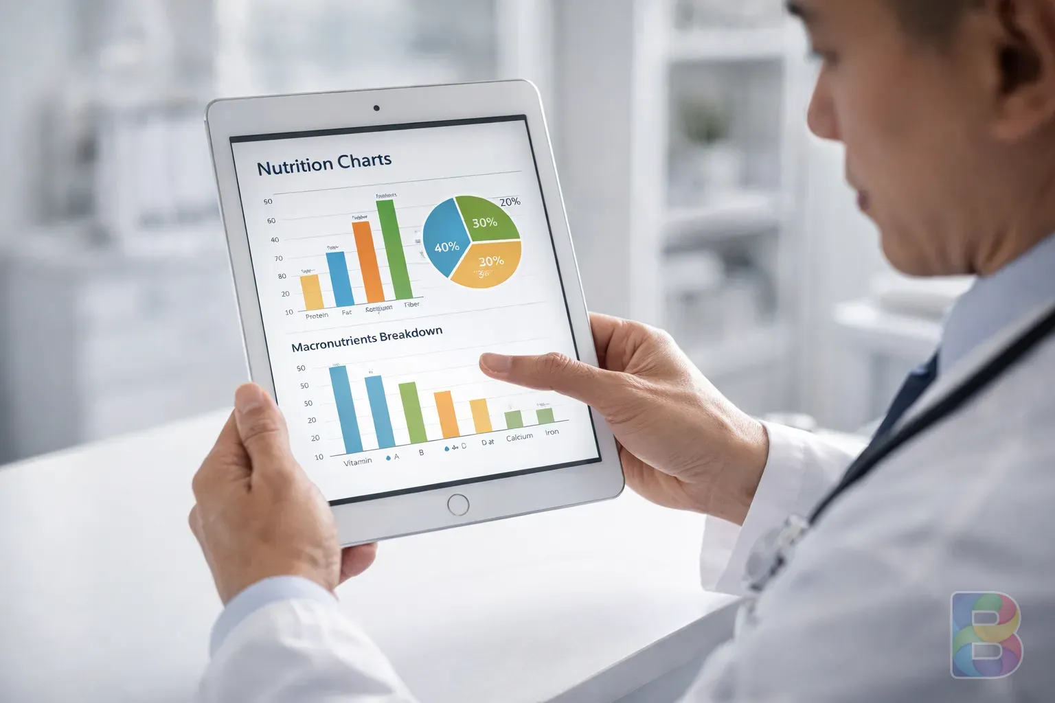 photorealistic, doctor holding a digital tablet showing nutrition charts, clinical setting, focused and professional atmosphere