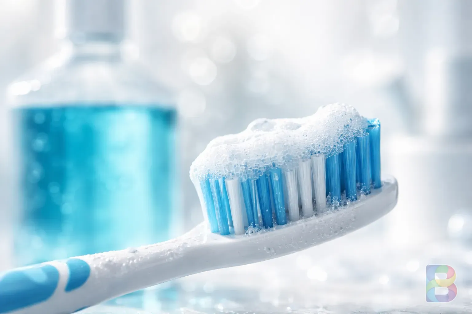 photorealistic, high-detail macro shot of a toothbrush with white foam and a bottle of mouthwash in the background, bokeh effect, clinical and clean atmosphere, bright lighting
