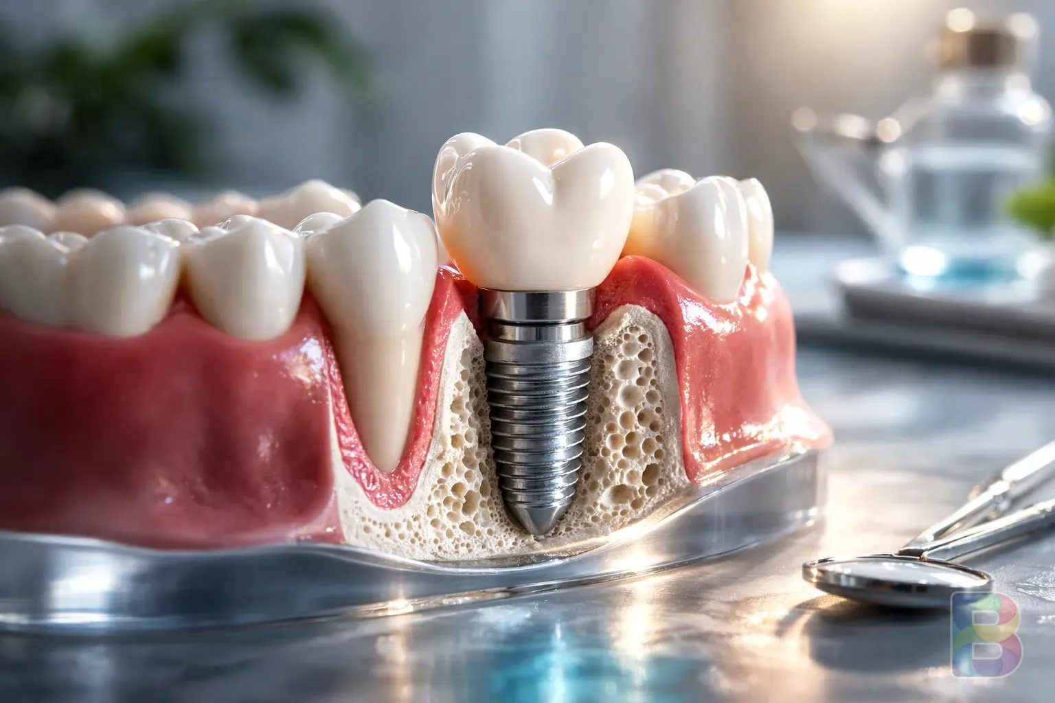 photorealistic, detailed dental model showing a titanium implant with a crown, clean background, medical illustration style, precise lighting