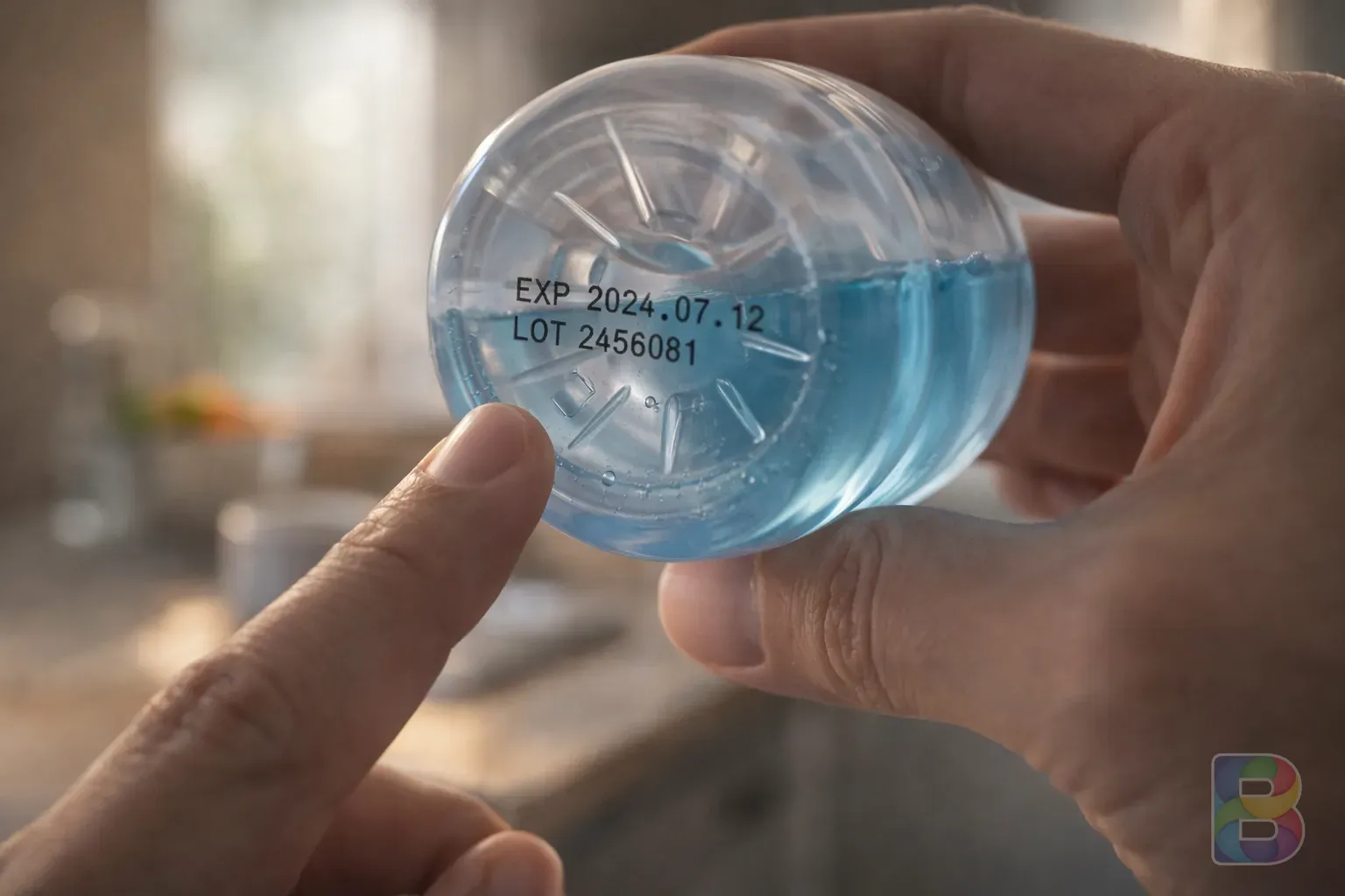 photorealistic, close-up of a person's hand checking the expiration date on the bottom of a plastic bottle, kitchen background, natural morning light