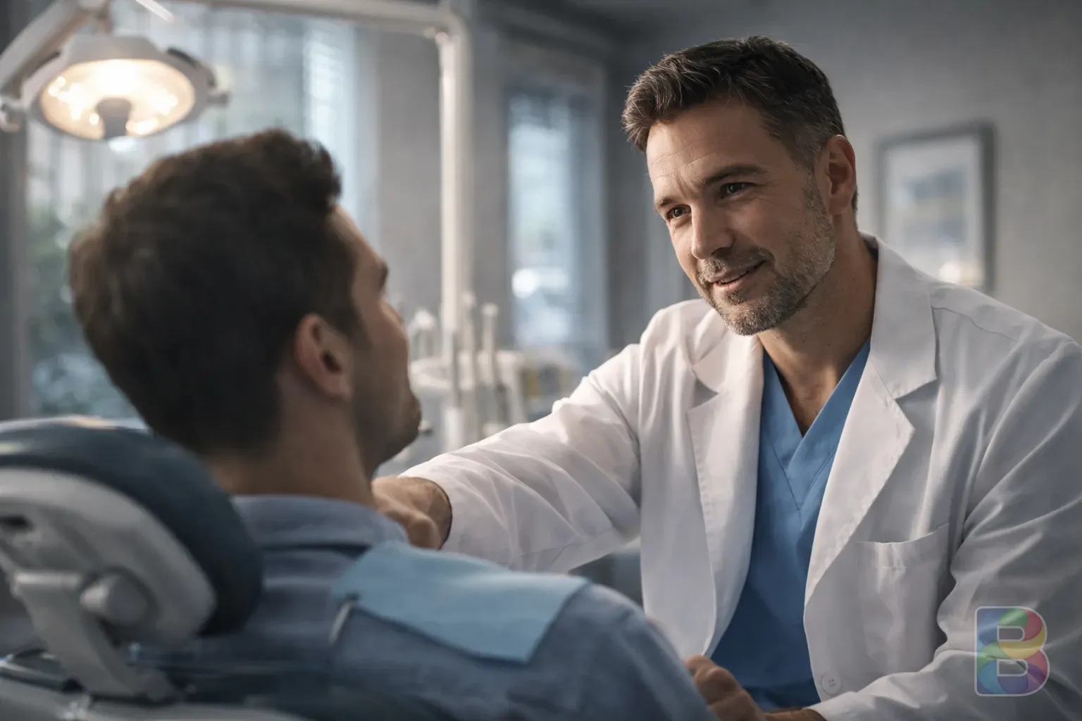 photorealistic, a dentist in a white coat talking to a patient in a modern dental office, reassuring and professional atmosphere, cinematic lighting